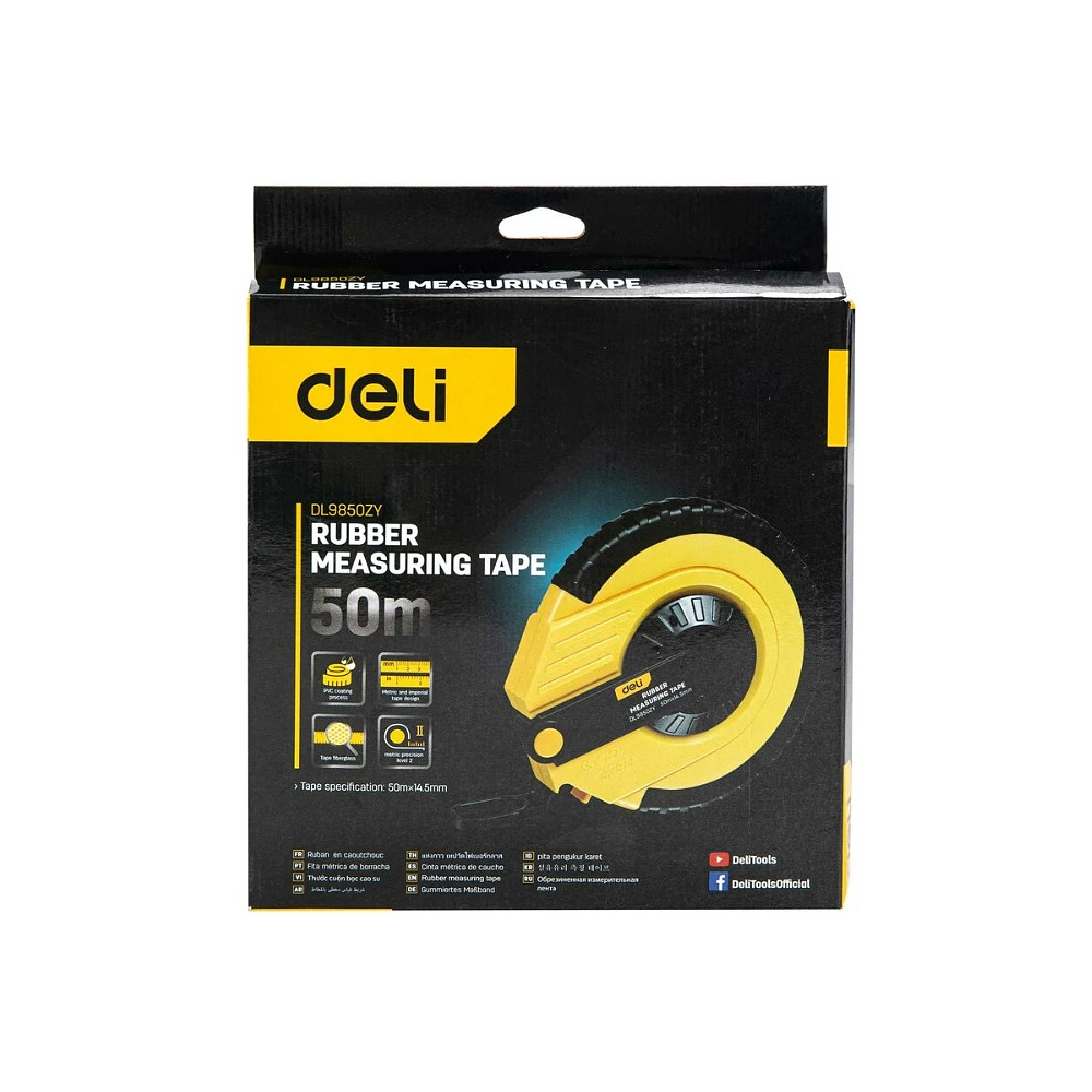 Мерная лента Deli YS EDL9850ZY, 50 м х 14,5 мм, лента фиберглас, пластиковый корпус, желтый, черный - 8