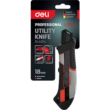 Нож строительный Deli YS DL4254, 18 мм, прорезиненная рукоятка, серебристый, черный - 6