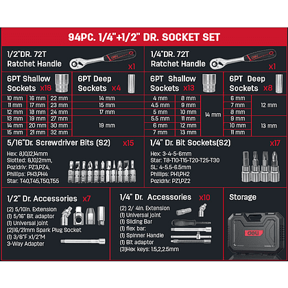 Набор инструмента 1/4", 1/2" Deli RS EDQ44094, 94 предмета - 3