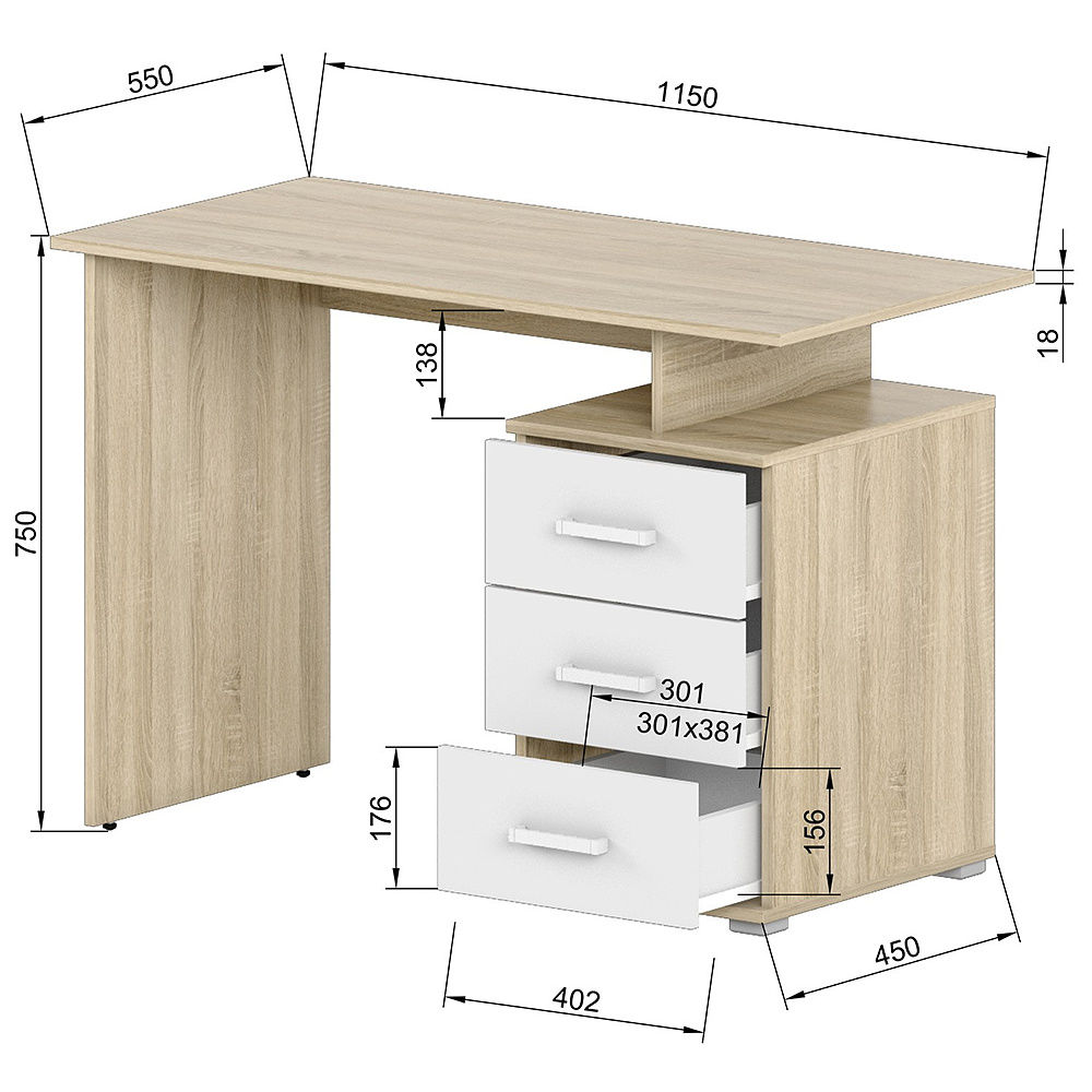 Коллекция ОСЛО Стол письменный Д-СП1, 1150х550х750, дуб Сонома, белый - 3