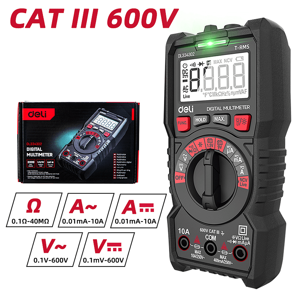 Мультиметр цифровой Deli RS EDL334302, 600В, универсальный - 9