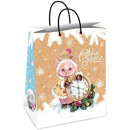 Пакет бумажный подарочный "Свинка с часами", 26x32.4x12.7 см, мультиколор