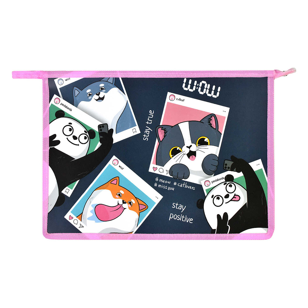 Папка для тетрадей "Селфи", А4, на молнии, пластик, серый, розовый - 2