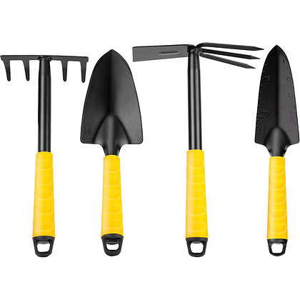 Набор садовых инструментов "Deli", 4 предмета (лопата 2 шт, мотыга, грабли), желтый, черный 