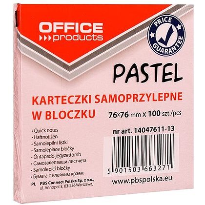 Бумага для заметок "Office Products", 76x76 мм, 100 листов, розовая пастель