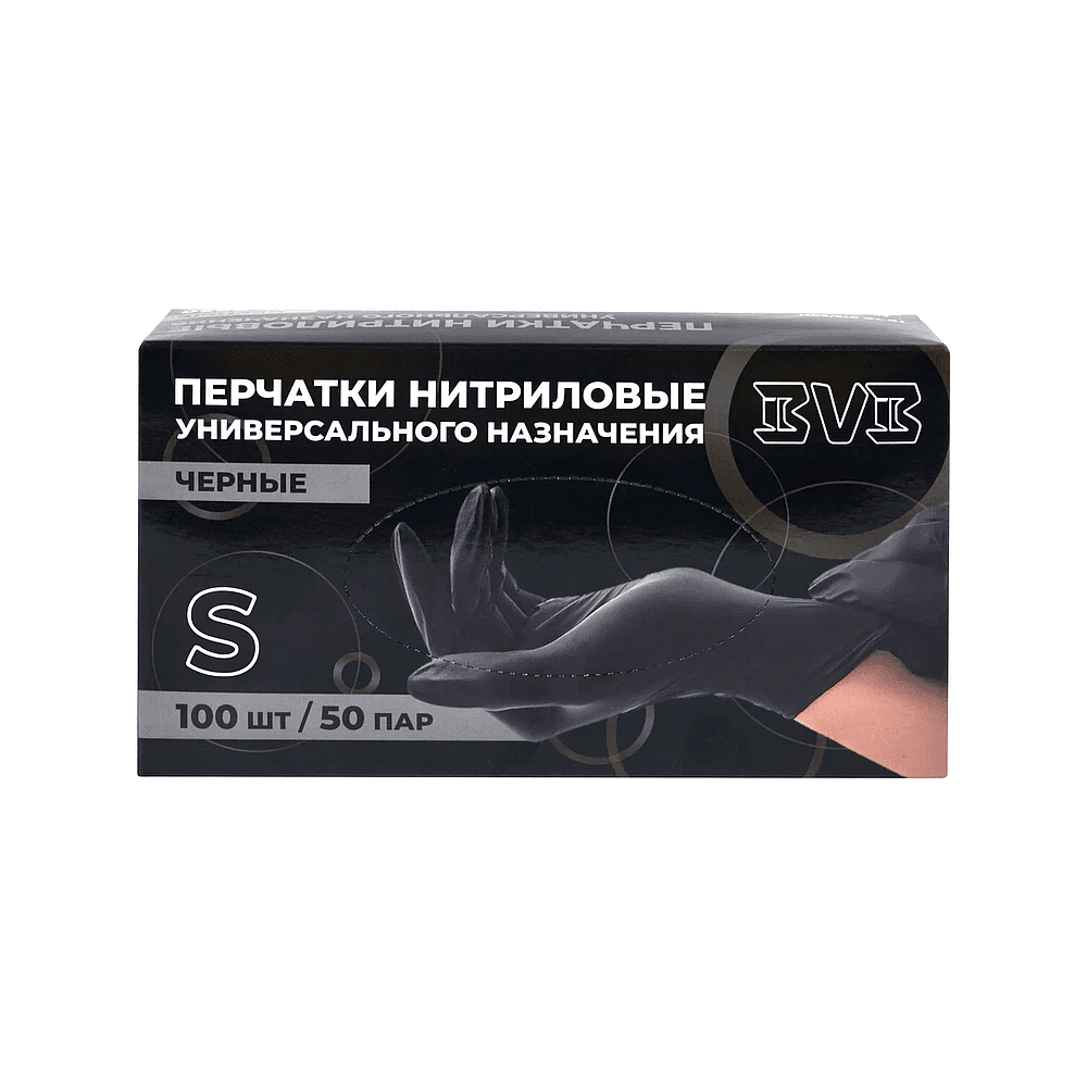 Перчатки нитриловые неопудренные одноразовые BVB, р-р S, 100 шт./уп., черный - 2