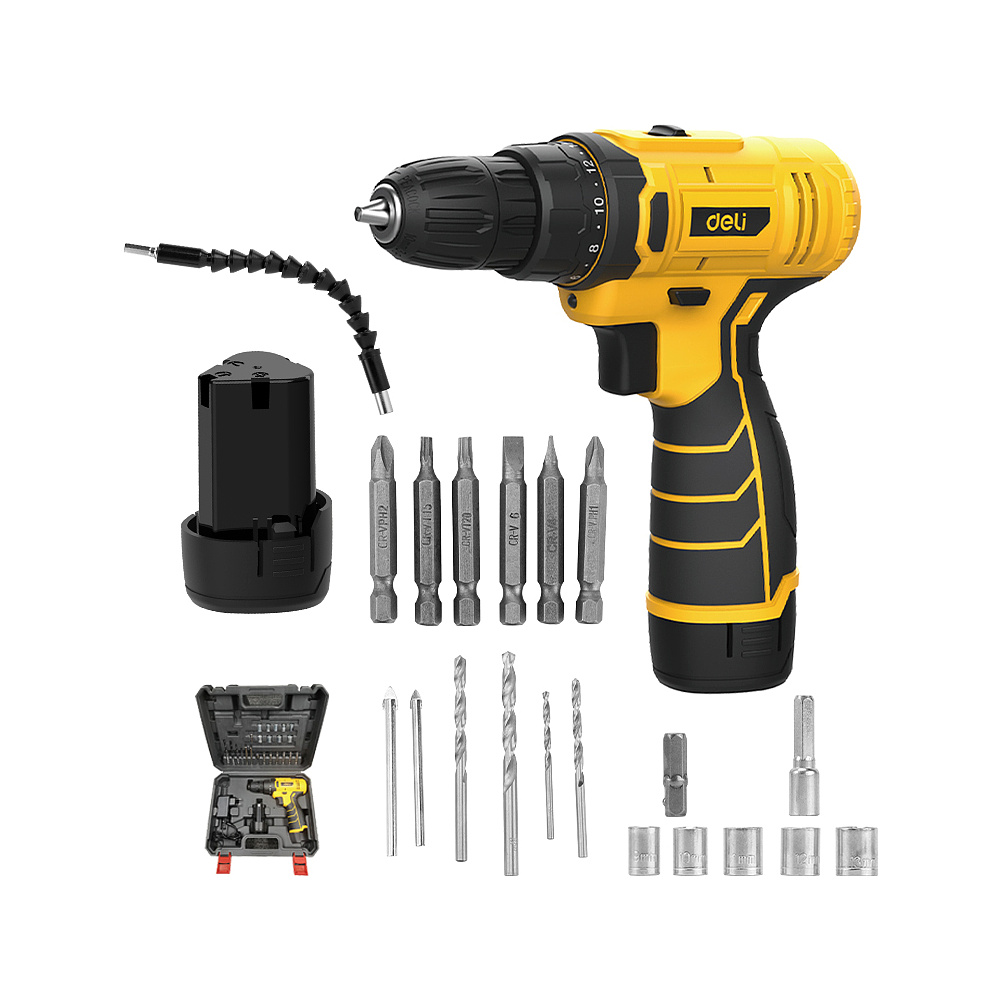 Аккумуляторная дрель-шуруповерт Deli YS EDL-DZ12-6A2 12 В, 30 Нм, 1 АКБ, 2 Ач, набор оснастки, кейс