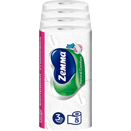 Бумага туалетная Zemma Natural Comfort, 8 рулонов, 3 слоя, белый - 4