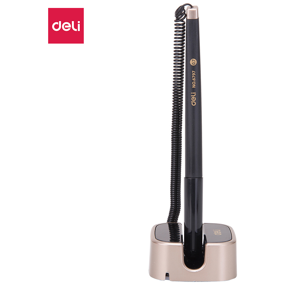 Ручка гелевая на подставке "Deli", черный, золотой, стерж. синий