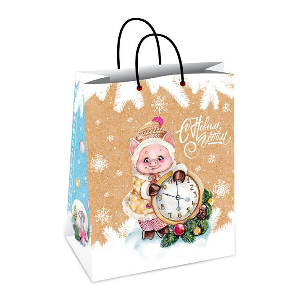 Пакет бумажный подарочный "Свинка с часами", 26x32.4x12.7 см, мультиколор