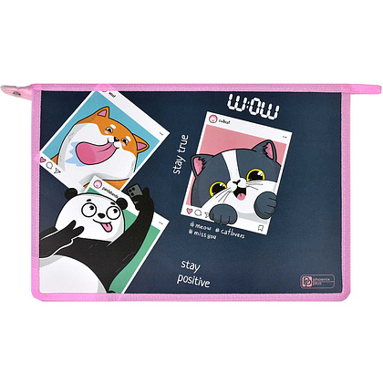 Папка для тетрадей "Селфи", А4, на молнии, пластик, серый, розовый - 5