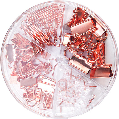 Набор канцелярский "Deli" зажимы+скрепки+кнопки, розовое золото - 2