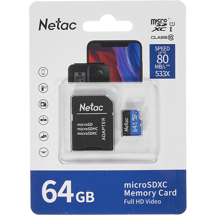 Карта памяти MicroSDXC "Netac P500 Standard", 64GB, U1/C10, с адаптером - 2