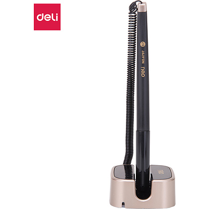 Ручка гелевая на подставке "Deli", черный, золотой, стерж. синий