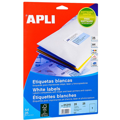Самоклеящиеся этикетки универсальные "Apli", 210x297 мм, 25 листов, 1 шт, белый