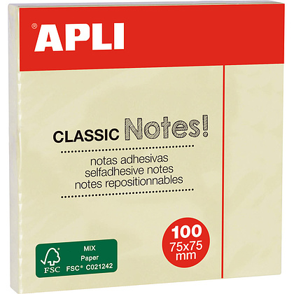 Бумага для заметок на клейкой основе "Classic notes", 75x75 мм, 100 листов, желтый
