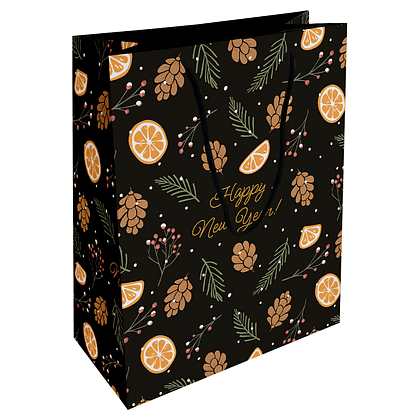 Пакет бумажный подарочный "Spruce. Шишки", 25х32х12 см, черный