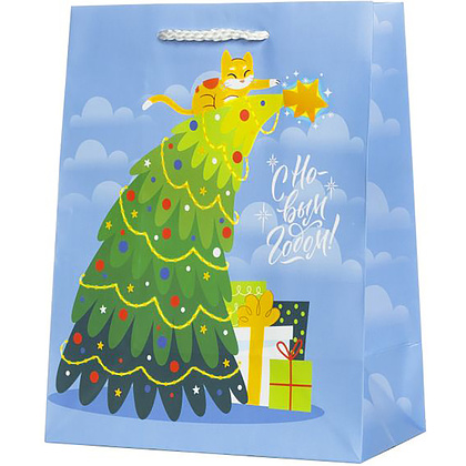 Пакет бумажный подарочный "С новым годом", 17.8x22.9x9.8 см, голубой