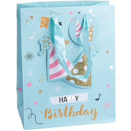 Пакет бумажный подарочный "С днем рождения", 17.8x22.9x9.8 см, ассорти