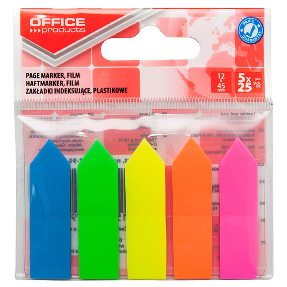 Закладки клейкие "Office products. Стрелка", 12x45 мм, 125 шт, ассорти неон