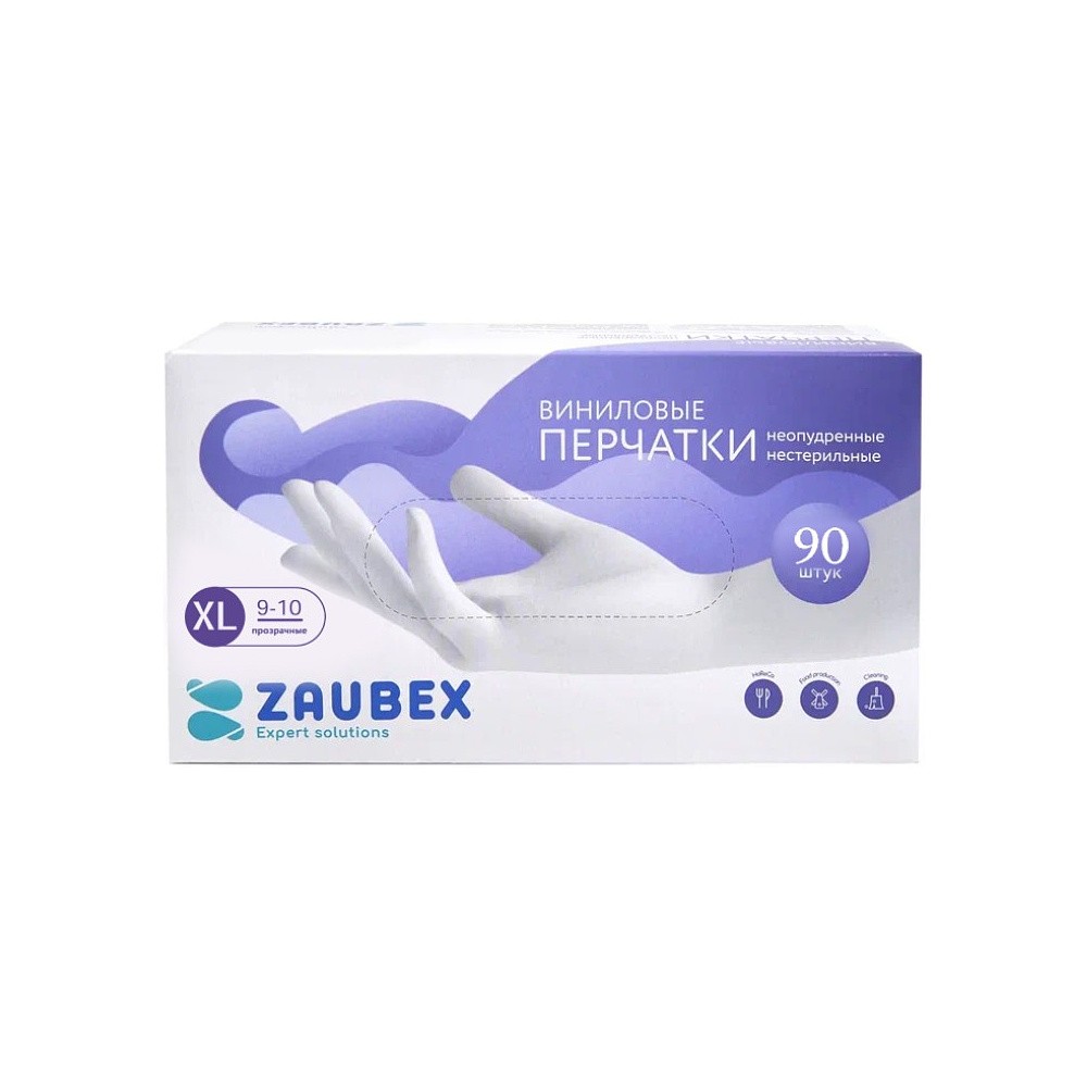 Перчатки виниловые Zaubex, одноразовые, р-р XL, 90 шт/уп, прозрачный