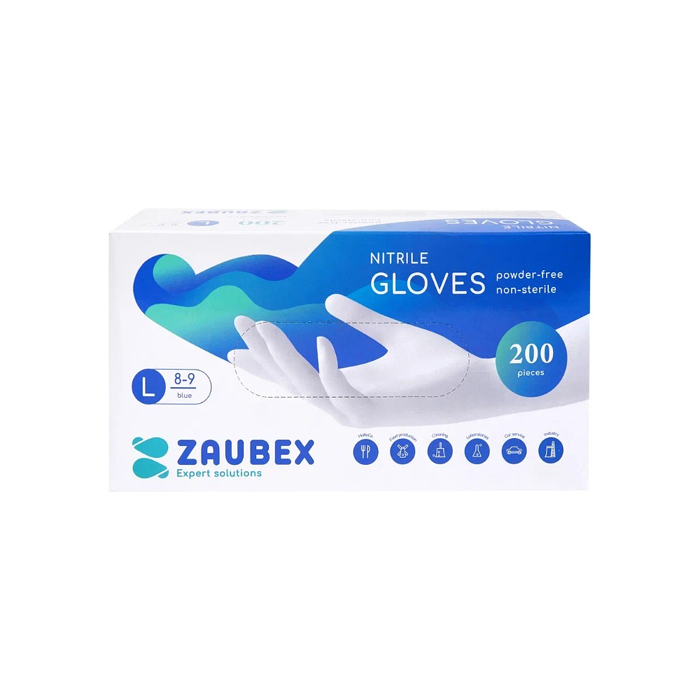 Перчатки нитриловые неопудренные Zaubex, одноразовые, р-р L, 200 шт/уп, голубой