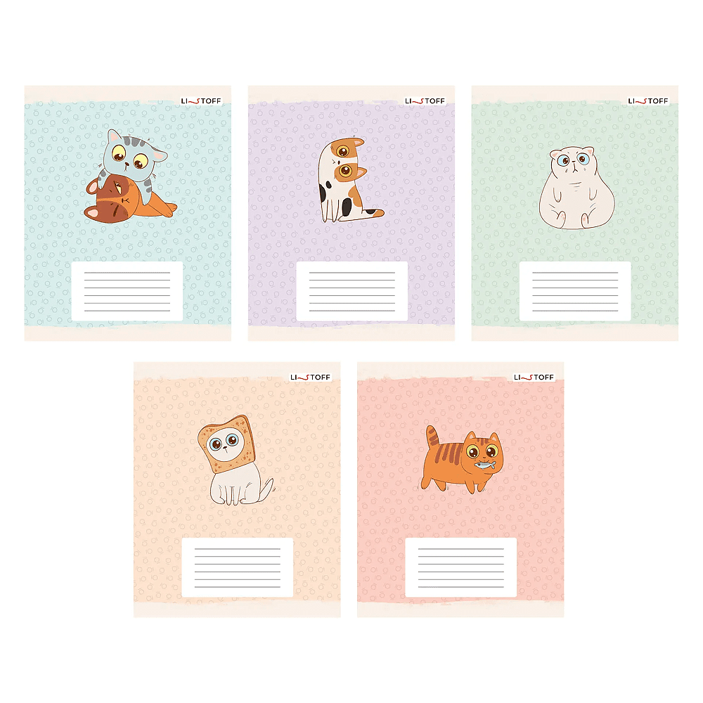 Тетрадь "Котики (Универсальная плашка)", А5, 12 листов, линейка, скоба сбоку, ассорти