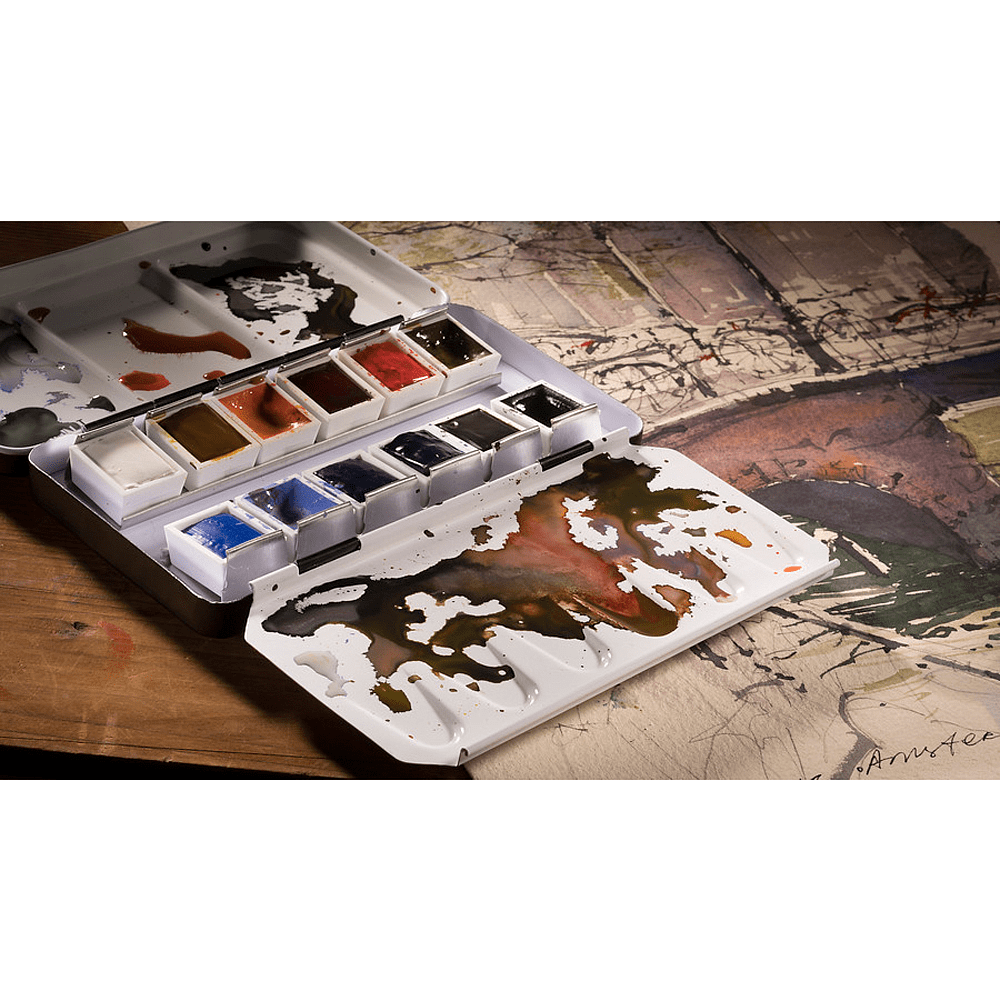 Набор красок акварельных пейзажных "Rembrandt", 12 цветов, кюветы - 4