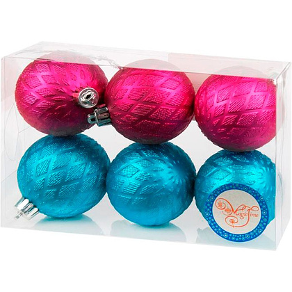 Шар елочный "Ассорти", d6 см, 6 шт, бирюзовый, розовый