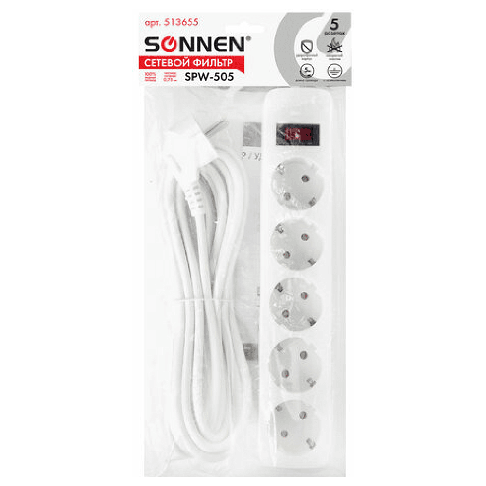 Сетевой фильтр Sonnen SPW-505, 5 м, 5 розеток, белый - 7