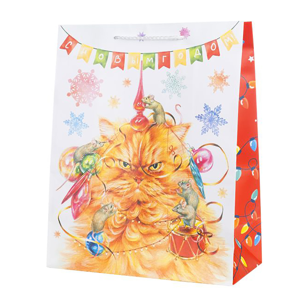 Пакет бумажный подарочный "С Новым годом", 26x32.4x12.7 см, белый, красный
