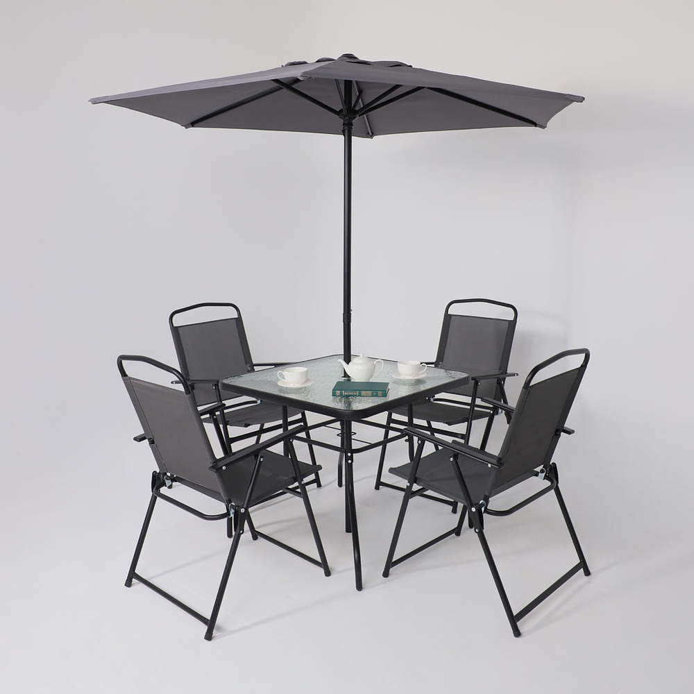 Комплект мебели садовой AksHome PICNIC (стол 1шт, 4 кресла, зонт 1шт), серый, черный - 10