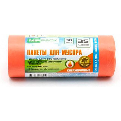Мешки для мусора "ПНД Mirpack Extra", 12 мкм, 35 л, 30 шт/рулон, оранжевый