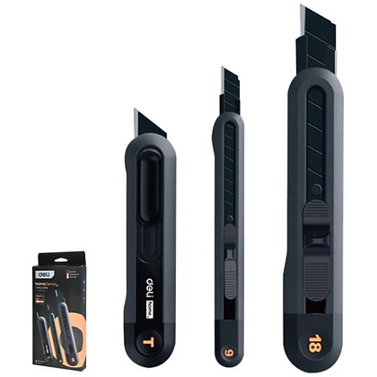 Набор ножей строительных Deli HS EHT4003, 3 шт (ножи 9мм/18мм/трапеция), Soft Touch, черный