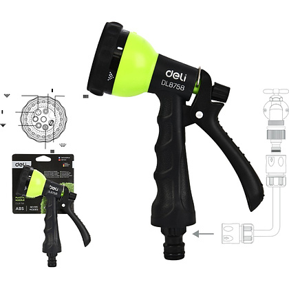 Пистолет-распылитель Deli GS EDL8758, 7 функций, быстросъем, фиксатор курка, черный, зеленый - 2