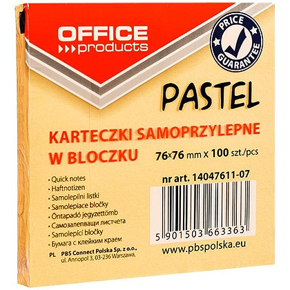 Бумага для заметок "Office Products", 76x76 мм, 100 листов, оранжевая пастель