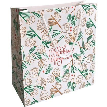Пакет бумажный подарочный "Holidays. Шишки", 32х32х12 см, белый