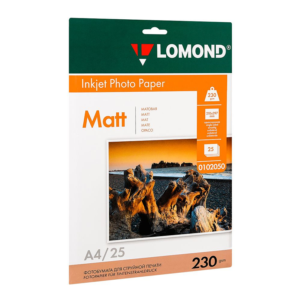 Фотобумага матовая для струйной фотопечати "Lomond", А4, 25 листов, 230 г/м2