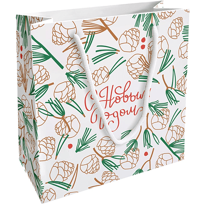 Пакет бумажный подарочный "Holidays. Шишки", 20х20х8 см, белый