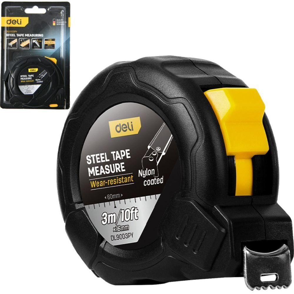 Рулетка Deli YS EDL9003PY, 3 м х 16 мм, нейлоновое покрытие, черный - 2
