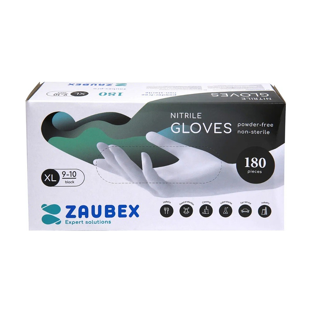 Перчатки нитриловые неопудренные Zaubex, одноразовые , р-р XL, 180 шт/уп, черный