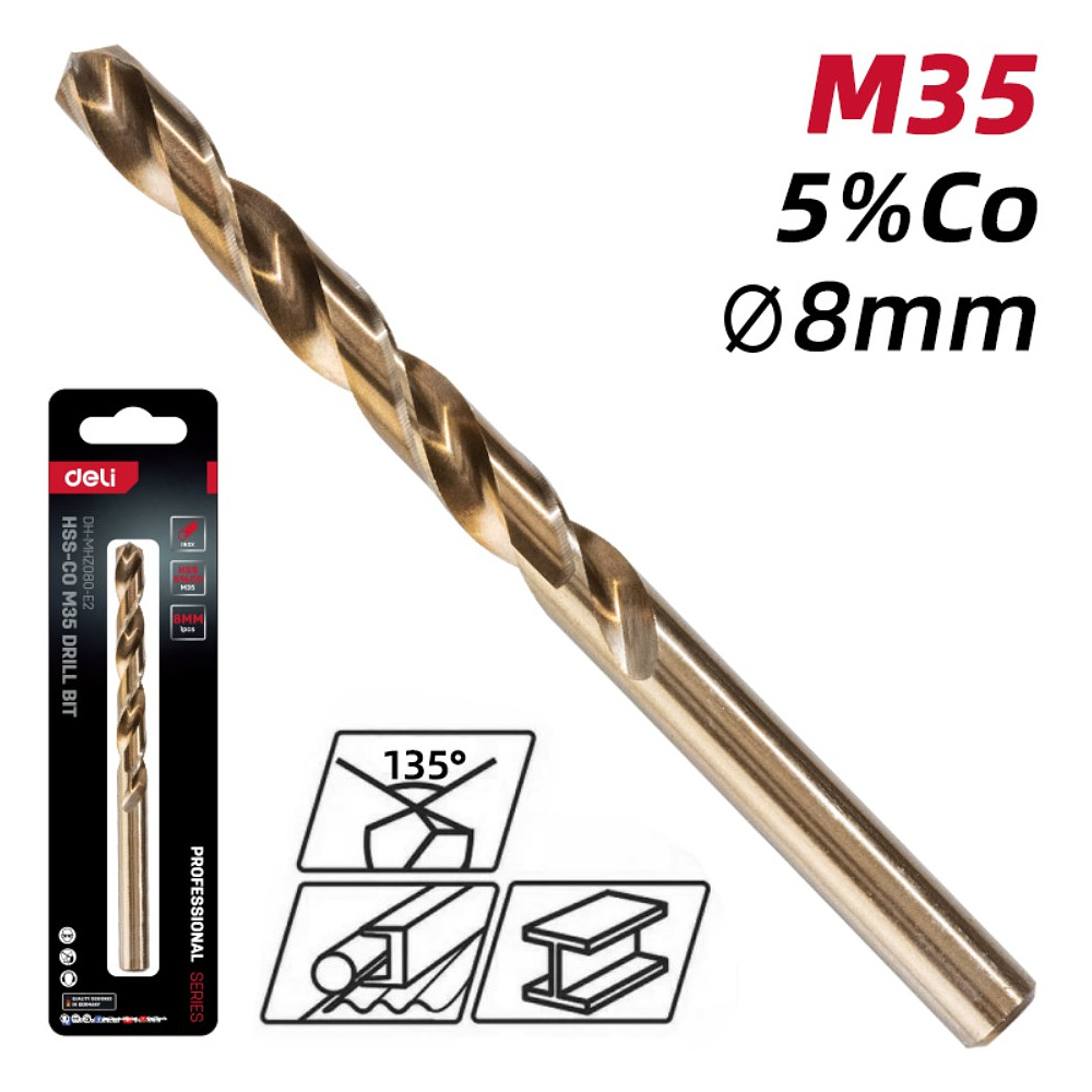 Сверло по металлу Deli RS EDH-MHZ080-E2, 8.0 мм, DIN 338, HSCo 5% - 2
