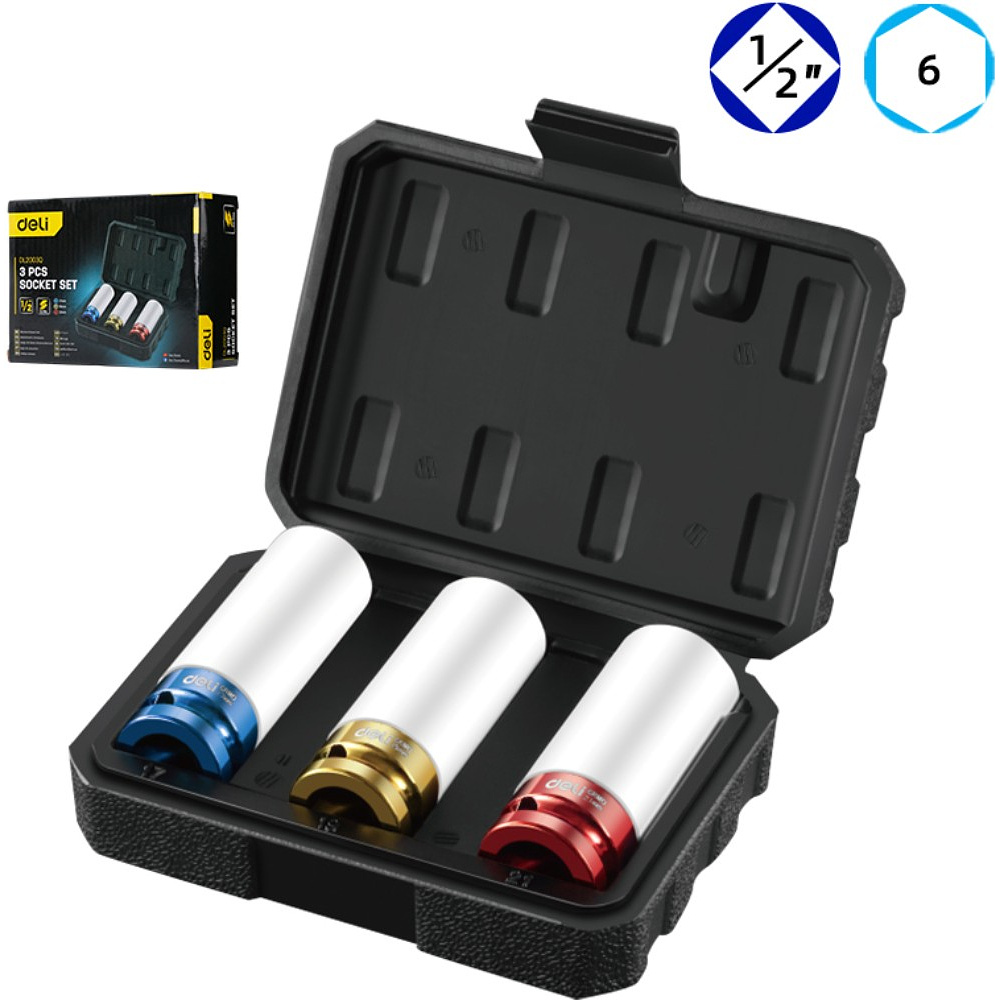 Набор головок торцевых ударных Deli YS EDL2003Q, 17/19/21 мм, 1/2", 3шт, кейс, ассорти - 2