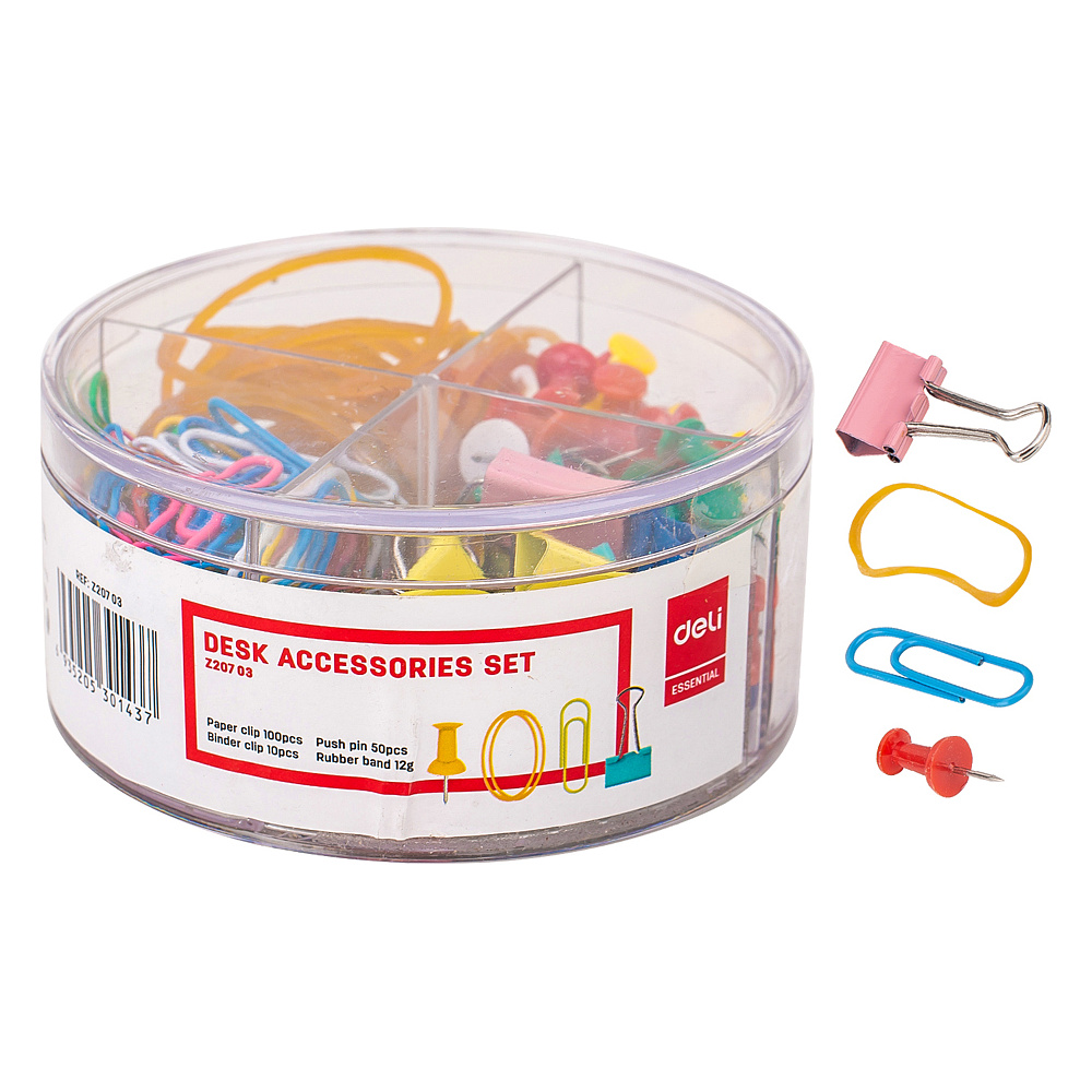 Набор канцелярский "Deli Essential", зажимы+скрепки+кнопки+резинки, ассорти