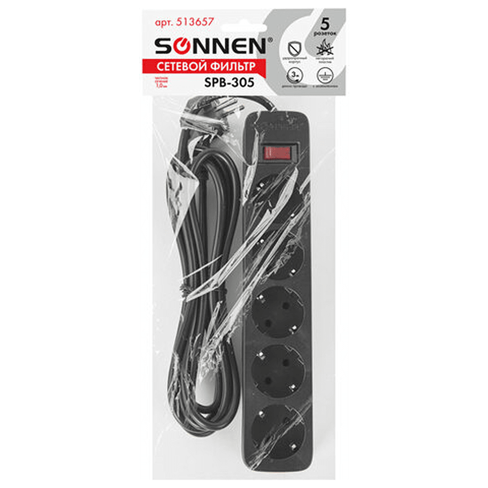 Сетевой фильтр Sonnen SPB-305, 3 м, 5 розеток, черный - 8