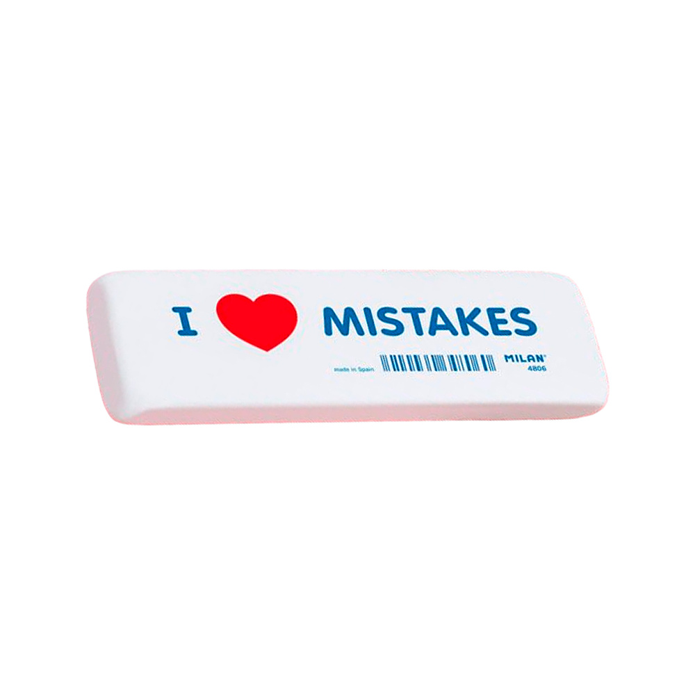 Ластик Milan "I love mistakes", 14x4,4 см, белый