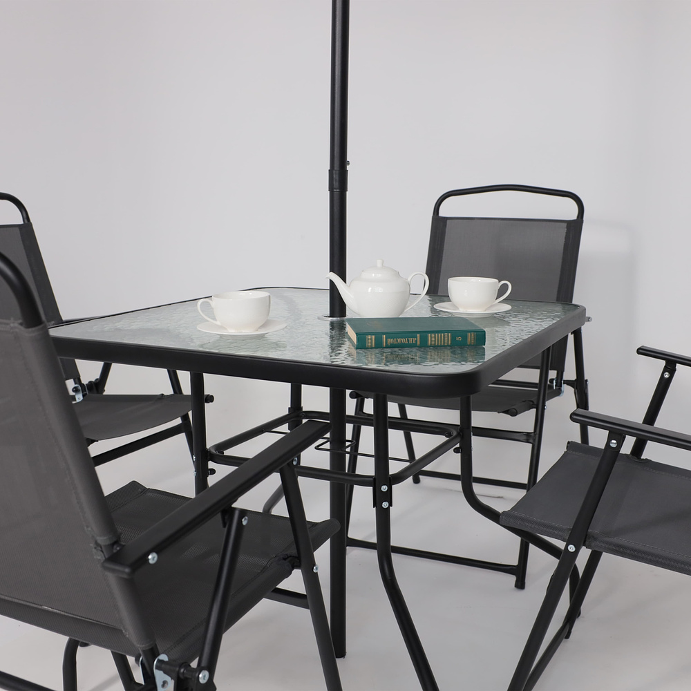 Комплект мебели садовой AksHome PICNIC (стол 1шт, 4 кресла, зонт 1шт), серый, черный - 12