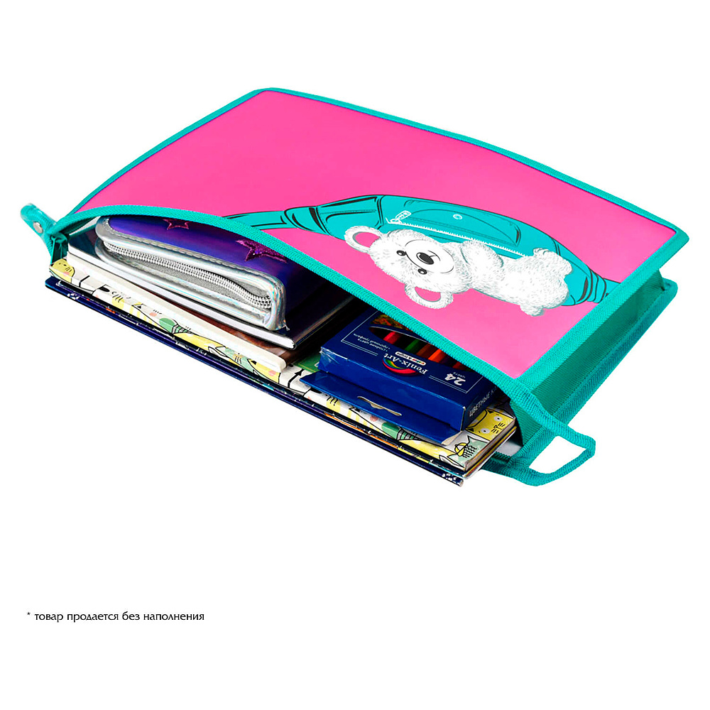 Папка для тетрадей "Мишка на сумке", А4, на молнии, пластик, розовый, бирюзовый - 4
