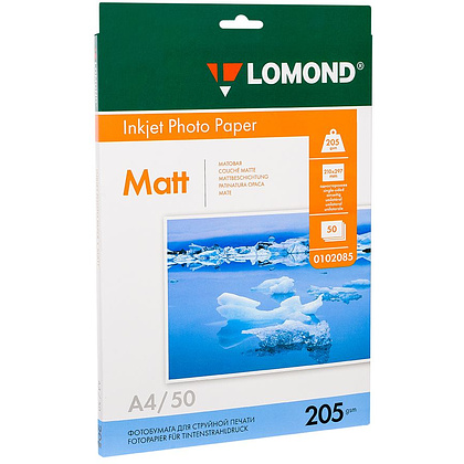 Фотобумага матовая для струйной фотопечати "Lomond", А4, 50 листов, 205 г/м2