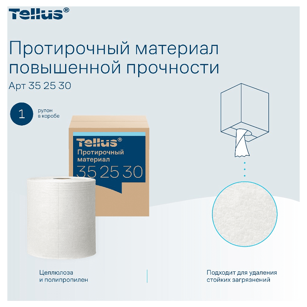 Протирочный материал нетканый Tellus c центральной вытяжкой повышенной прочности, 1 слой, 106,4 м, WM1/WM3 - 8
